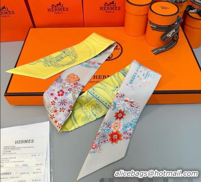Best Price Hermes Brides de Gala en Fleurs Twilly Silk Bandeau Scarf 5x86.5cm H4004 Grey/Yellow 2025