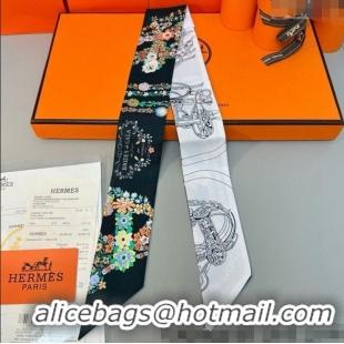 Well Crafted Hermes Brides de Gala en Fleurs Twilly Silk Bandeau Scarf 5x86.5cm H4004 Black 2025