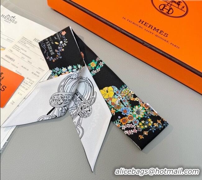 Well Crafted Hermes Brides de Gala en Fleurs Twilly Silk Bandeau Scarf 5x86.5cm H4004 Black 2025