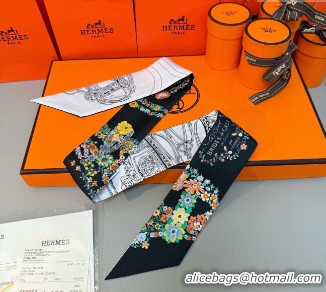 Well Crafted Hermes Brides de Gala en Fleurs Twilly Silk Bandeau Scarf 5x86.5cm H4004 Black 2025