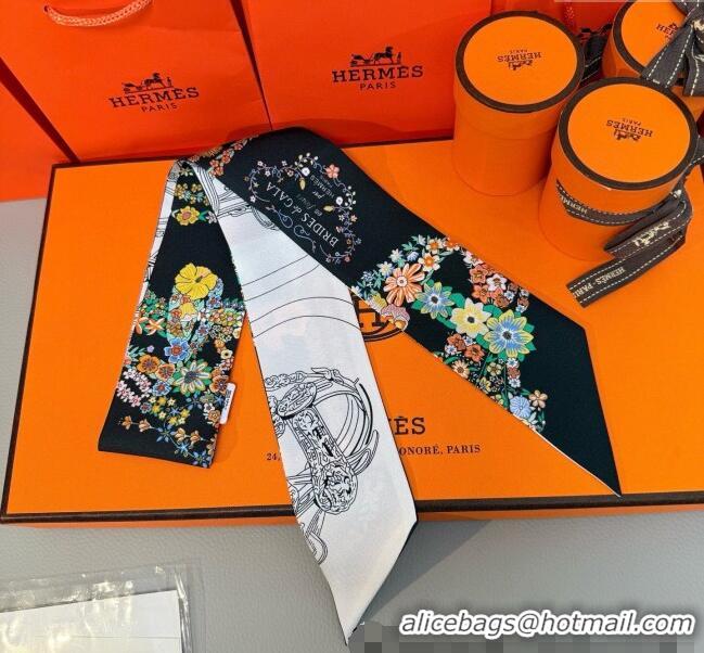 Well Crafted Hermes Brides de Gala en Fleurs Twilly Silk Bandeau Scarf 5x86.5cm H4004 Black 2025