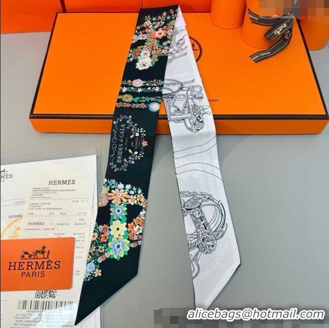 Well Crafted Hermes Brides de Gala en Fleurs Twilly Silk Bandeau Scarf 5x86.5cm H4004 Black 2025