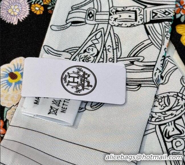 Well Crafted Hermes Brides de Gala en Fleurs Twilly Silk Bandeau Scarf 5x86.5cm H4004 Black 2025
