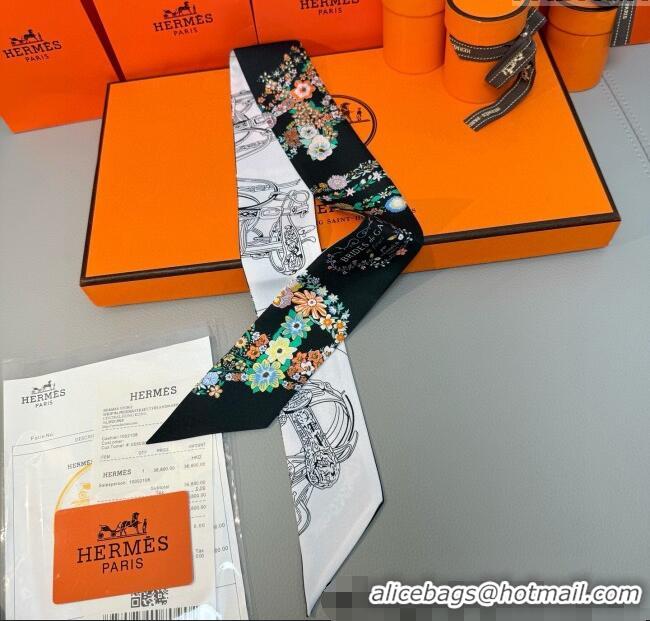 Well Crafted Hermes Brides de Gala en Fleurs Twilly Silk Bandeau Scarf 5x86.5cm H4004 Black 2025