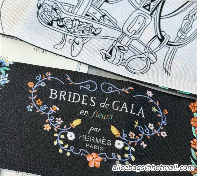 Well Crafted Hermes Brides de Gala en Fleurs Twilly Silk Bandeau Scarf 5x86.5cm H4004 Black 2025