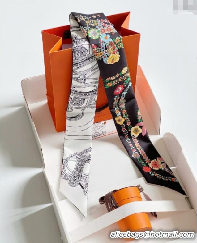 Well Crafted Hermes Brides de Gala en Fleurs Twilly Silk Bandeau Scarf 5x86.5cm H4004 Black 2025