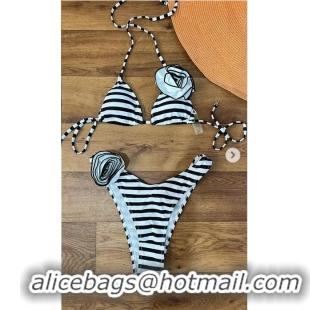 Best Quality Same Rose 90s Striped Bikini Bottoms Swimsuit P0092 White/Black