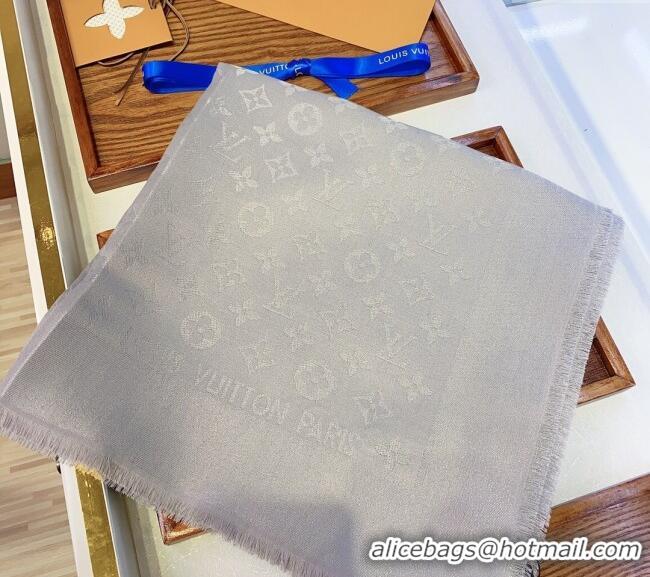 Famous Brand Louis Vuitton Classic Silk Wool Shawl Scarf 140cm with Silver-Tone Lurex V4030 Light Grey 2025