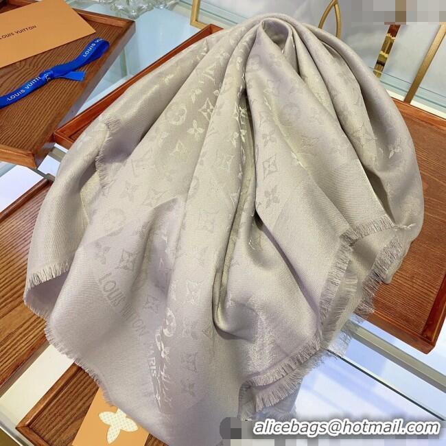 Famous Brand Louis Vuitton Classic Silk Wool Shawl Scarf 140cm with Silver-Tone Lurex V4030 Light Grey 2025