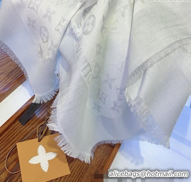 Popular Style Louis Vuitton Classic Silk Wool Shawl Scarf 140cm with Silver-Tone Lurex V4030 White 2025