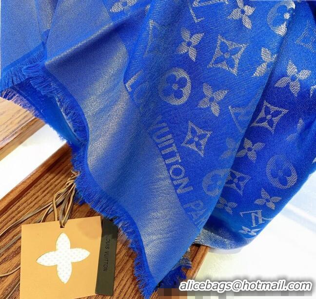 New Design Louis Vuitton Classic Silk Wool Shawl Scarf 140cm with Silver-Tone Lurex V4030 Blue 2025