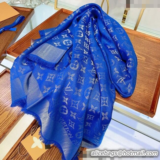 New Design Louis Vuitton Classic Silk Wool Shawl Scarf 140cm with Silver-Tone Lurex V4030 Blue 2025