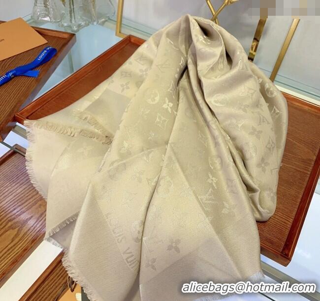 Buy New Cheap Louis Vuitton Classic Silk Wool Shawl Scarf 140cm with Silver-Tone Lurex V4030 Light Beige 2025