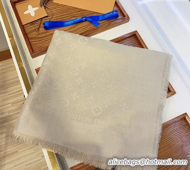 Buy New Cheap Louis Vuitton Classic Silk Wool Shawl Scarf 140cm with Silver-Tone Lurex V4030 Light Beige 2025