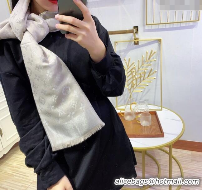 Buy New Cheap Louis Vuitton Classic Silk Wool Shawl Scarf 140cm with Silver-Tone Lurex V4030 Light Beige 2025