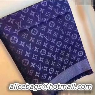 Low Cost Louis Vuitton Classic Silk Wool Shawl Scarf 140cm with Silver-Tone Lurex V4030 Navy Blue 2025