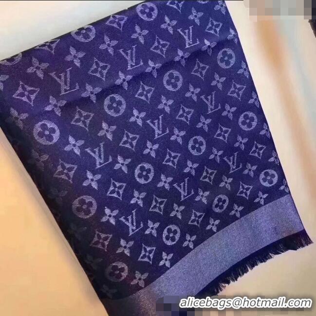 Low Cost Louis Vuitton Classic Silk Wool Shawl Scarf 140cm with Silver-Tone Lurex V4030 Navy Blue 2025