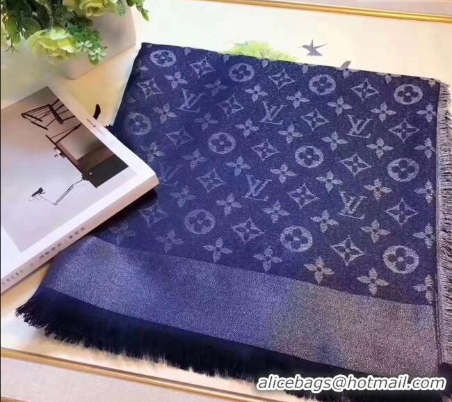 Low Cost Louis Vuitton Classic Silk Wool Shawl Scarf 140cm with Silver-Tone Lurex V4030 Navy Blue 2025