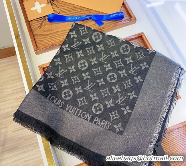 Best Price Louis Vuitton Classic Silk Wool Shawl Scarf 140cm with Silver-Tone Lurex V4030 Black 2025