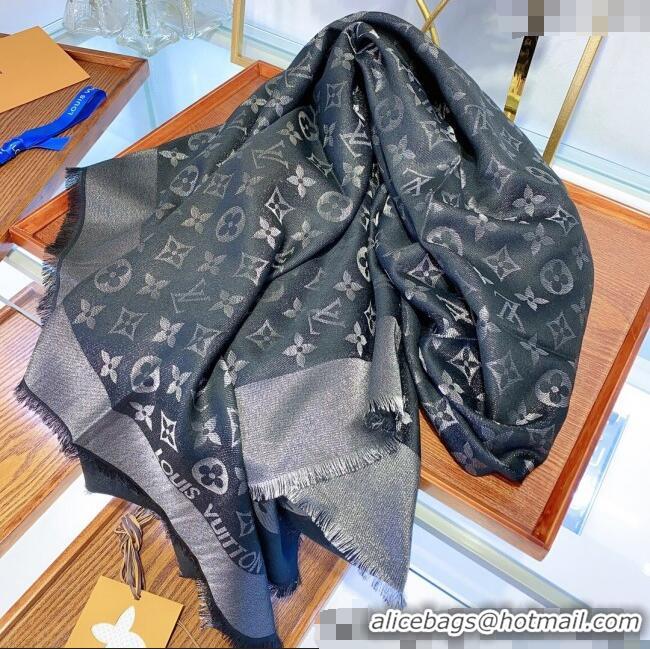 Best Price Louis Vuitton Classic Silk Wool Shawl Scarf 140cm with Silver-Tone Lurex V4030 Black 2025