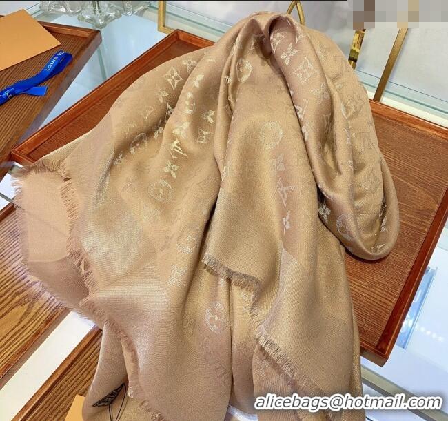 Shop Classic Louis Vuitton Classic Silk Wool Shawl Scarf 140cm with Silver-Tone Lurex V4030 Beige 2025