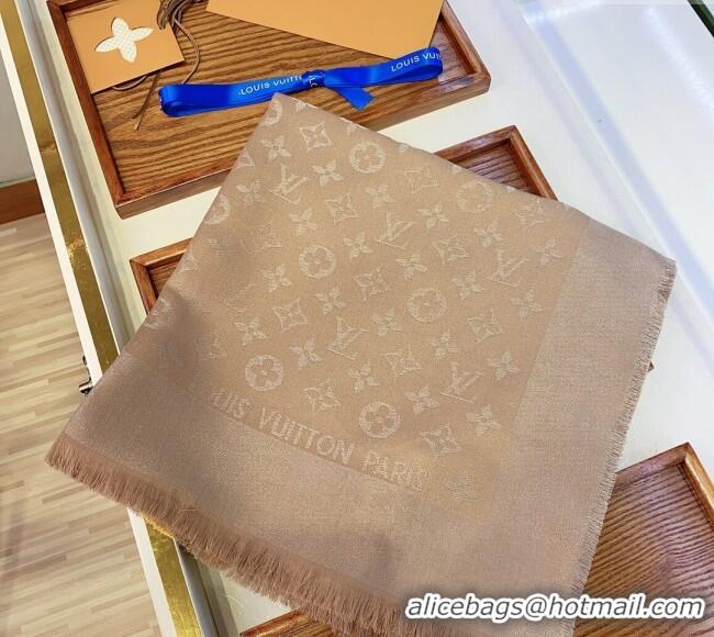 Shop Classic Louis Vuitton Classic Silk Wool Shawl Scarf 140cm with Silver-Tone Lurex V4030 Beige 2025
