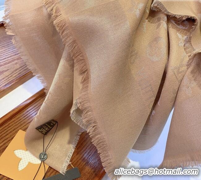 Shop Classic Louis Vuitton Classic Silk Wool Shawl Scarf 140cm with Silver-Tone Lurex V4030 Beige 2025