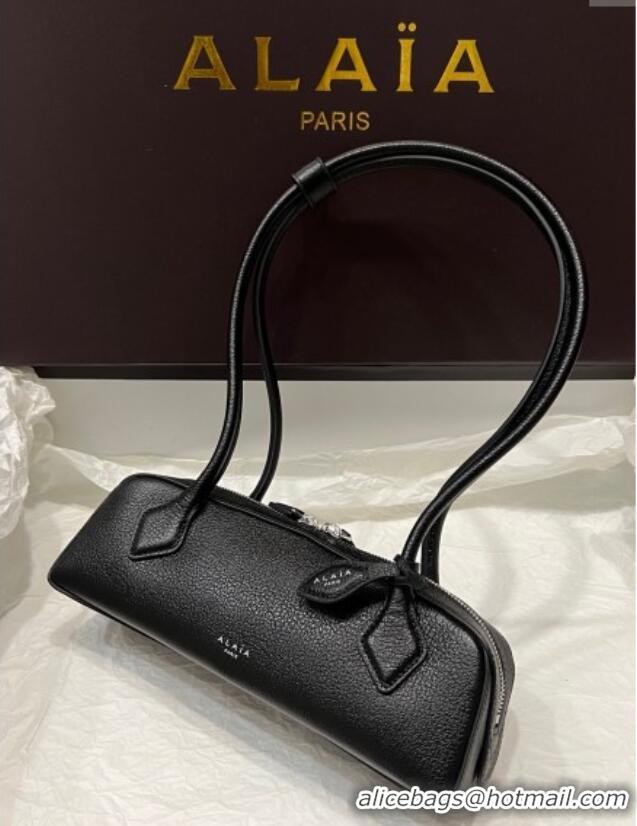 Top Quality Alaia Le Tecket Small Long Shoulder bag in Grained Leather 68168 Black 2025