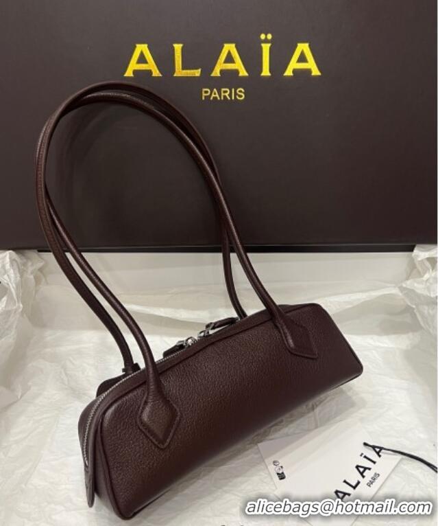Most Popular Alaia Le Tecket Small Long Shoulder bag in Grained Leather 68168 Dark Brown 2025