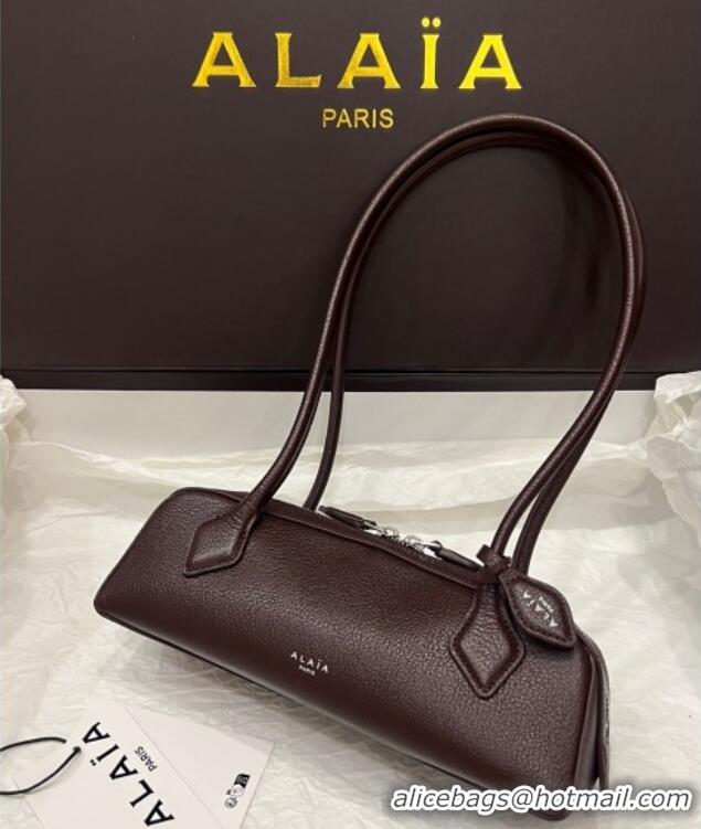 Most Popular Alaia Le Tecket Small Long Shoulder bag in Grained Leather 68168 Dark Brown 2025