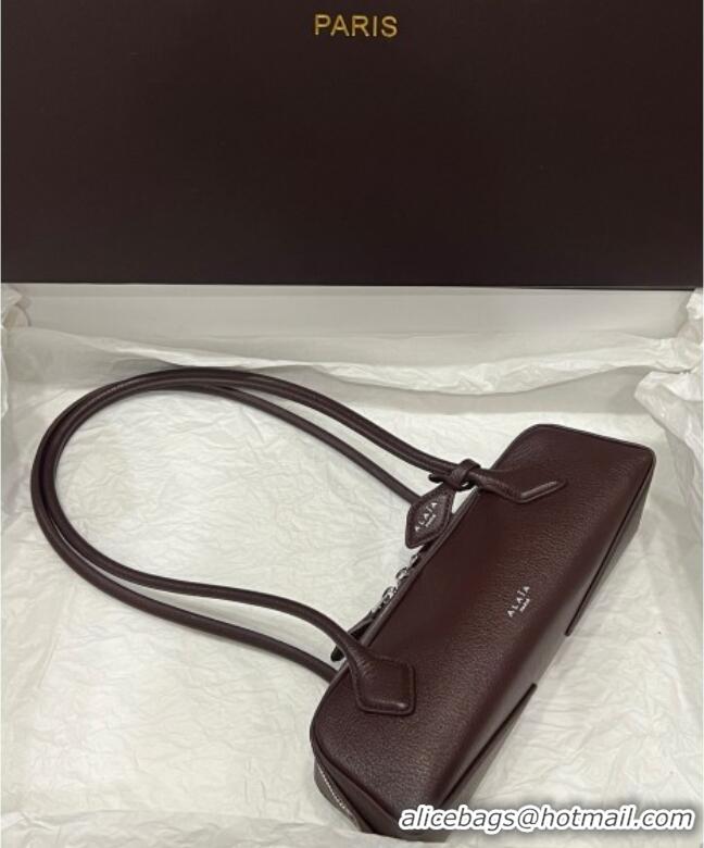Most Popular Alaia Le Tecket Small Long Shoulder bag in Grained Leather 68168 Dark Brown 2025