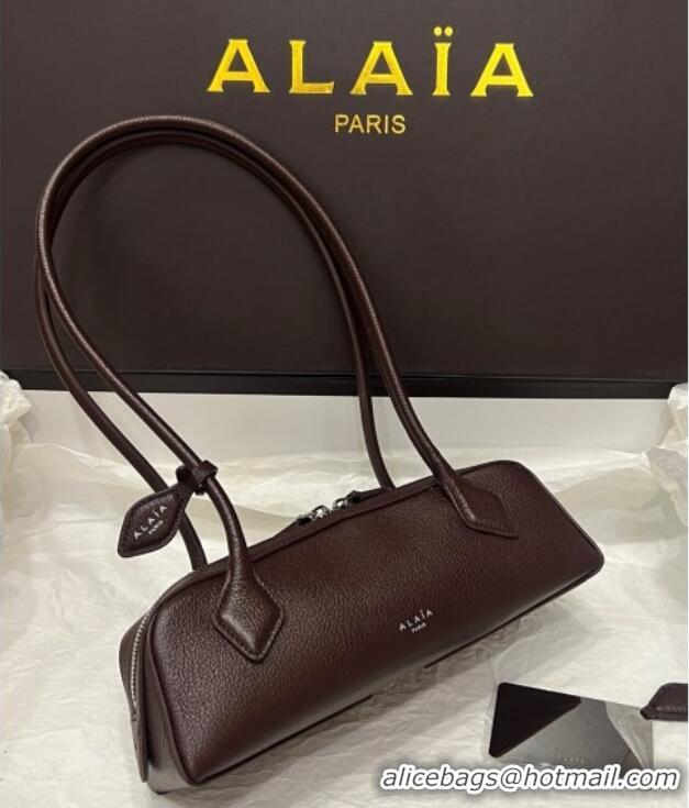 Most Popular Alaia Le Tecket Small Long Shoulder bag in Grained Leather 68168 Dark Brown 2025