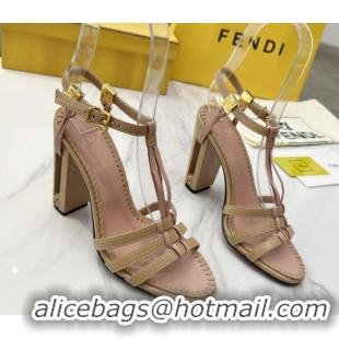 Classic Hot Fendi Delfina High Heel Sandals 10cm in Leather with T-bar Strap Beige 0425128