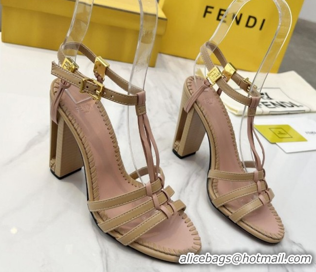 Classic Hot Fendi Delfina High Heel Sandals 10cm in Leather with T-bar Strap Beige 0425128