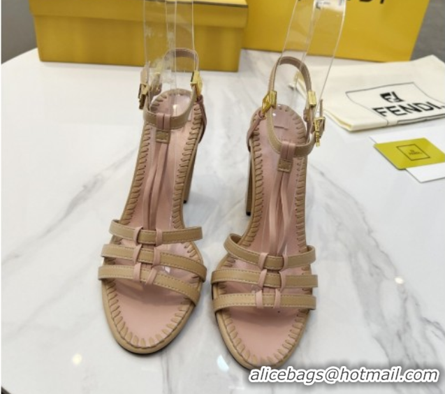 Classic Hot Fendi Delfina High Heel Sandals 10cm in Leather with T-bar Strap Beige 0425128