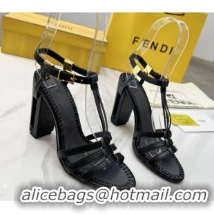 Good Quality Fendi Delfina High Heel Sandals 10cm in Leather with T-bar Strap Black 0425129