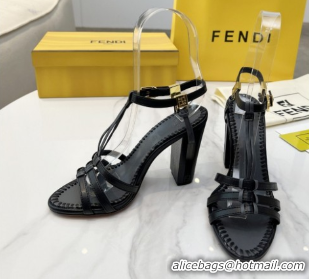 Good Quality Fendi Delfina High Heel Sandals 10cm in Leather with T-bar Strap Black 0425129