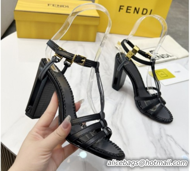 Good Quality Fendi Delfina High Heel Sandals 10cm in Leather with T-bar Strap Black 0425129