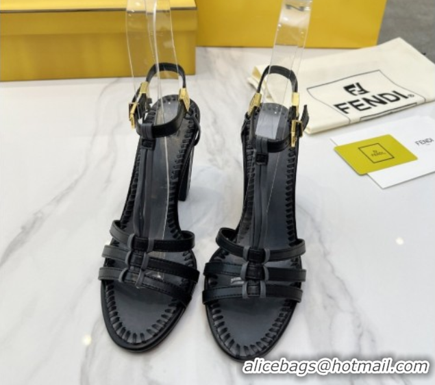 Good Quality Fendi Delfina High Heel Sandals 10cm in Leather with T-bar Strap Black 0425129