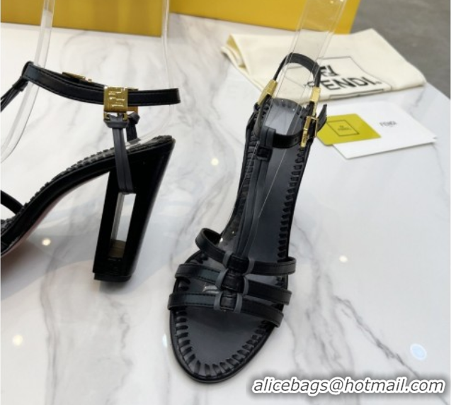 Good Quality Fendi Delfina High Heel Sandals 10cm in Leather with T-bar Strap Black 0425129