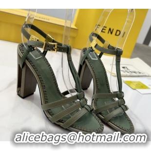 Sophisticated Fendi Delfina High Heel Sandals 10cm in Leather with T-bar Strap Green 0425130