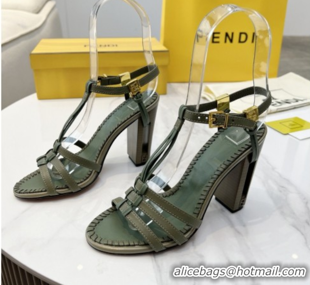 Sophisticated Fendi Delfina High Heel Sandals 10cm in Leather with T-bar Strap Green 0425130