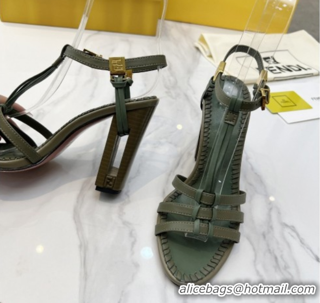 Sophisticated Fendi Delfina High Heel Sandals 10cm in Leather with T-bar Strap Green 0425130