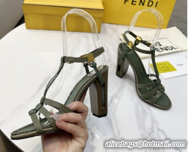 Sophisticated Fendi Delfina High Heel Sandals 10cm in Leather with T-bar Strap Green 0425130