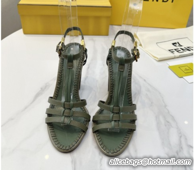 Sophisticated Fendi Delfina High Heel Sandals 10cm in Leather with T-bar Strap Green 0425130