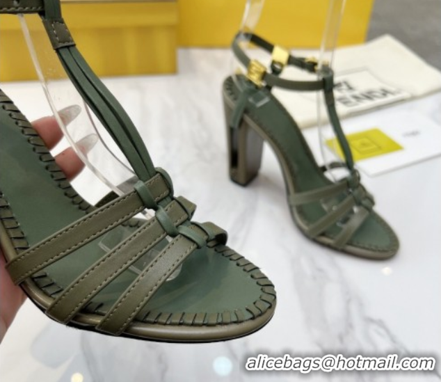 Sophisticated Fendi Delfina High Heel Sandals 10cm in Leather with T-bar Strap Green 0425130