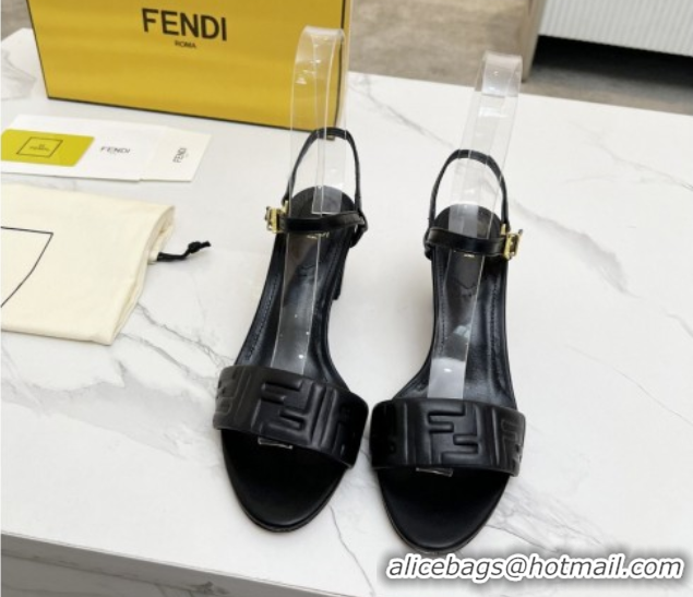 Durable Fendi Delfina Medium Heel Sandals 6cm in FF Leather Black 0425132