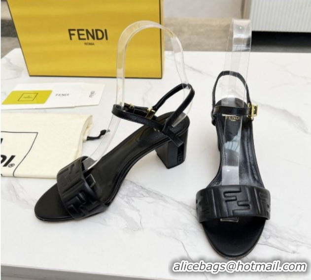 Durable Fendi Delfina Medium Heel Sandals 6cm in FF Leather Black 0425132