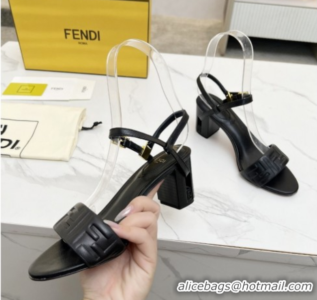 Durable Fendi Delfina Medium Heel Sandals 6cm in FF Leather Black 0425132