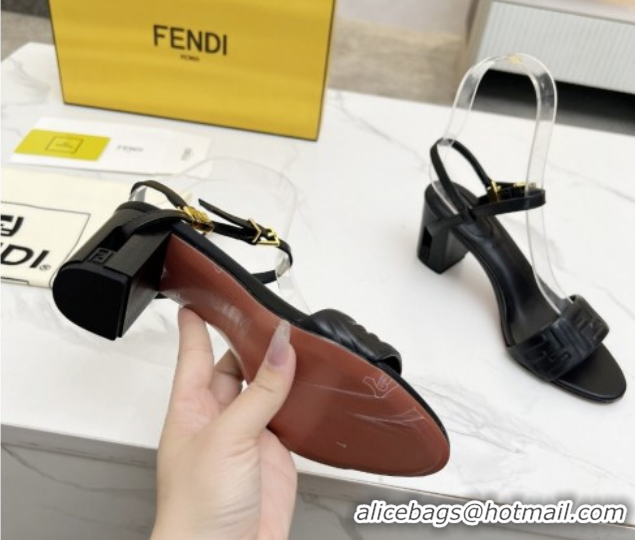 Durable Fendi Delfina Medium Heel Sandals 6cm in FF Leather Black 0425132